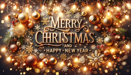 Photo banner showcasing a festive scene with twinkling string lights, sparkling baubles, and golden tinsel. In the center, bold, joyful letters read Merry Christmas and Happy new year