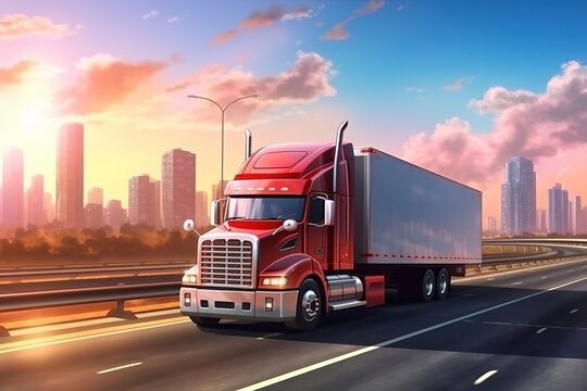semi truck driving on the highway for logistics and supply chains cargo delivery services as wide banner design with copyspace area