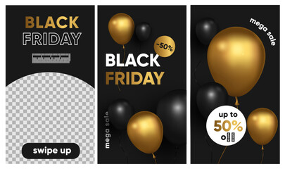 Black friday sale for social media, instagram stories and post, mobile app, banners, cards. set of 3 stories template with balloons.