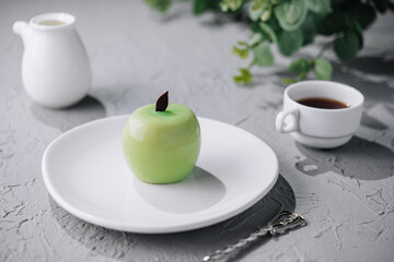 apple shaped mousse cake and tea