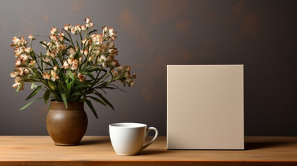Illustration of an empty blank paper beige card, pot of flowers, and a cup of coffee on a wooden table. Poster or flyer mockup or template for custom design. Wallpaper, background. - obrazy, fototapety, plakaty