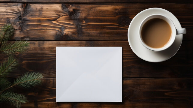 Illustration of an empty blank paper white card and a cup of coffee on a wooden table. Poster or flyer mockup or template for custom design. Wallpaper, background.