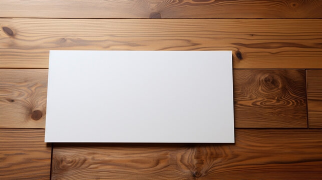 Illustration of an empty blank paper white card on a wooden table. Poster or flyer mockup or template for custom design. Wallpaper, background.
