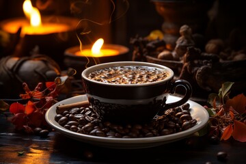 Steaming cup of coffee with cinnamon sticks on fire