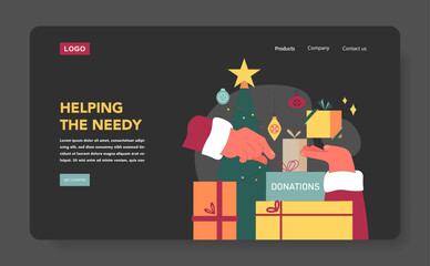 Christmas charity dark mode or night mode web banner or landing page. Holiday donations to help needy people. Social charitable foundation. Boxes with humanitarian aid. Flat vector illustration - obrazy, fototapety, plakaty