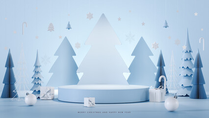 Christmas greeting card. Blue paper pine trees with empty stage for product presentation. Christmas mockup blue background with empty podium and Christmas decoration. 3D Rendering, 3D Illustration