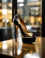 woman footwear, high heel shoe in a golden and black leather, fashion and glamour, generative ai illustration - obrazy, fototapety, plakaty