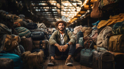 Portrait of a handsome traveler young man in hat sitting near a pile of luggage bags. Travel mood. - obrazy, fototapety, plakaty
