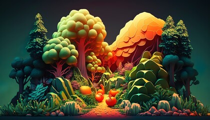 low poly fantasy vegetable forest design illustration