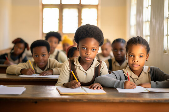 The Portrait Of A Happy Black Primary Student Group Is Studying And Writing A Lesson In A Classroom Together. Generative AI.