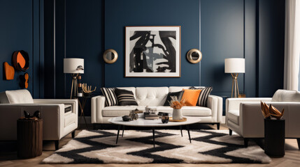 Retro style cozy living room, soft gray walls with a vibrant teal accent wall, bold geometric patterned curtains, and sleek metal furniture. Created with generative AI 