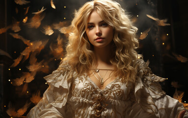 Portrait of a woman in white angel costume with feathers on a background