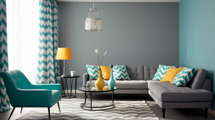 Retro style cozy living room, soft gray walls with a vibrant teal accent wall, bold geometric patterned curtains, and sleek metal furniture. Created with generative AI 