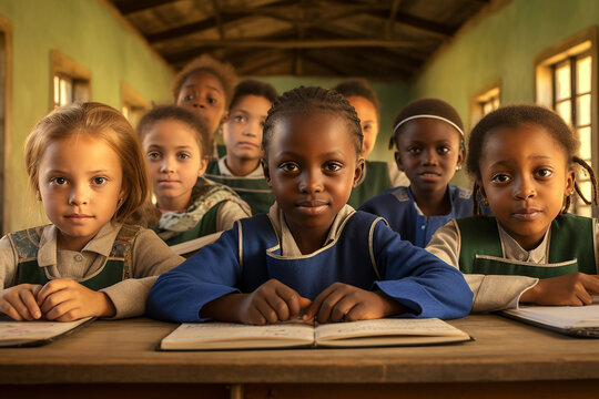 A photograph featuring a cheerful group of African primary school black students diligently studying and taking notes together in a classroom. Generative AI.