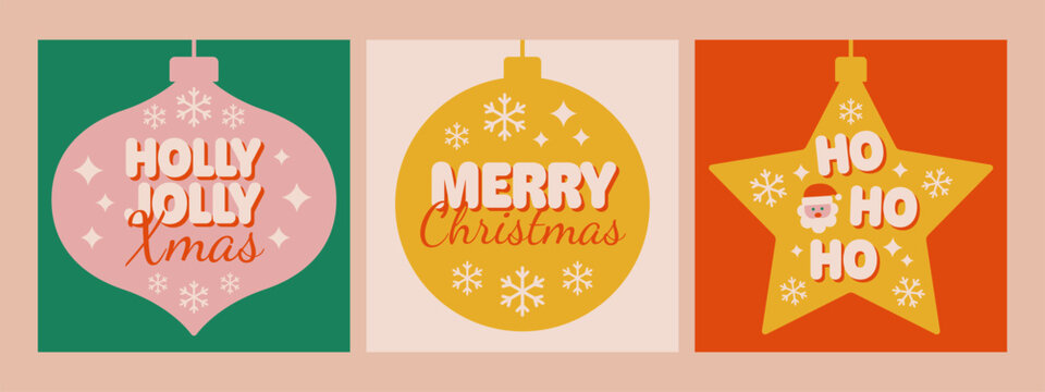 Set of modern festive phrase with Christmas balls. Holly Jolly Xmas, Merry Christmas, ho ho ho. Vector illustration