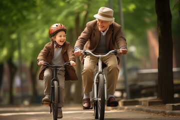 grandfather and grandson riding bicycles in park   