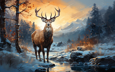 Illustration of a deer in winter forest