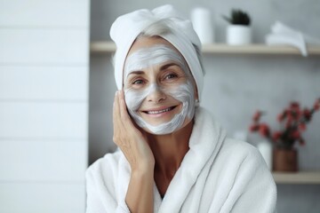 A beautiful elderly gray-haired woman with a cosmetic nourishing moisturizing mask on her face smiles on gray background. Facial skin care concept, beauty, care, cosmetology - Powered by Adobe