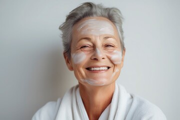 A beautiful elderly gray-haired woman with a cosmetic nourishing moisturizing mask on her face smiles on gray background. Facial skin care concept, beauty, care, cosmetology