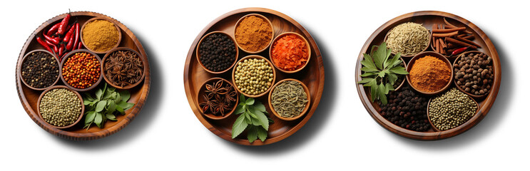 Indian spices and seasonings top view isolated over a transparent background, png - obrazy, fototapety, plakaty