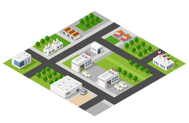 Isometric 3D city module industrial urban factory which includes buildings