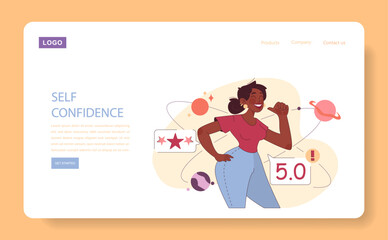 Self-confidence web banner or landing page. Young black woman with positive thinking and attitude. Optimistic mindset, self acceptance and well-being. Flat vector illustration