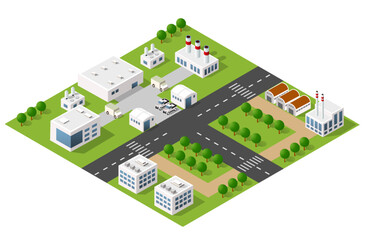 Isometric 3D city module industrial urban factory which includes buildings