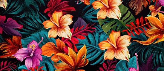 Colorful tropical flowers on a seamless shirt pattern background