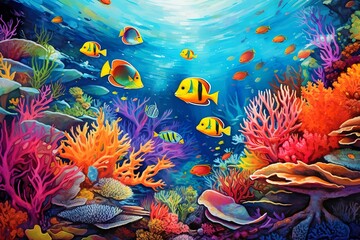 Underwater world, coral reef with fish