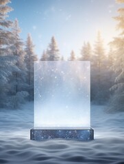 mockup of a podium that stands on the frozen grass for product presentation, on background winter forest, generative ai