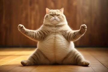 chubby feline practicing yoga in bright space. Generative AI - obrazy, fototapety, plakaty