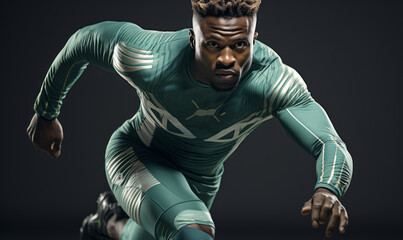 Fototapeta na wymiar Strong athletic, African American man sprinter or runner, wearing futuristic sportswear training outdoor. Fitness, sport motivation concept. Run in energy power.