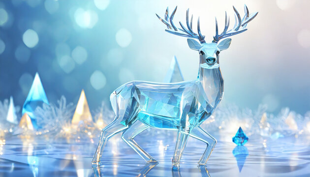 3D realistic translucent Christmas crystal deer and decorations on abstract background