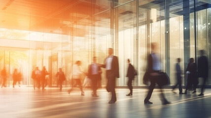 Blurred business people walking in a glass office background