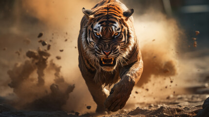 Tiger, low angle photo direct face view, running directly at camera. - obrazy, fototapety, plakaty