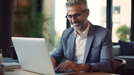 Mature smiling businessman working on laptop computer in office.