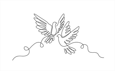 Continuous one line drawing of flying pigeons . Bird symbol of peace and freedom in simple linear style. Concept for logo, card, banner, poster