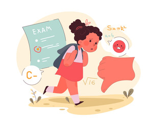 Poor school performance. Sad little girl holding a backpack with bad grades. Neglected child. Absence and uninvolvement of dad, lack of parental responsiveness to a child. Flat vector illustration