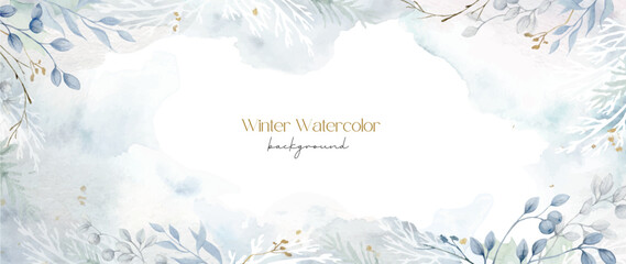Blue and white winter vector background. Design with watercolor brush texture, botanical branches and leaves. Abstract art for wallpaper, wallpapers, banners, postcards, decorations. Hand drawn - 670066020