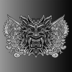 Aggressive wild demon beast head in monochromatic style vector illustration