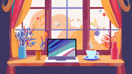 窓際に置いてあるパソコン　部屋　インテリア　イラスト素材