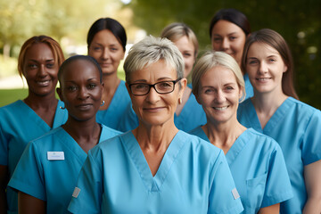 Group of diverse female healthcare workers in blue uniforms outdoors - obrazy, fototapety, plakaty