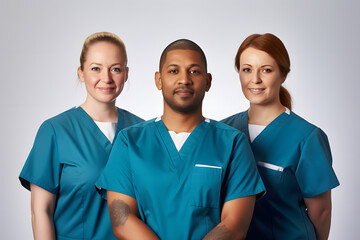 Three healthcare workers in blue uniforms stand together against a white background - obrazy, fototapety, plakaty