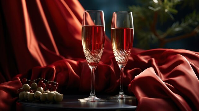 Two Champagne Glasses Front Romantic Red , Background Image, Valentine Background Images, Hd