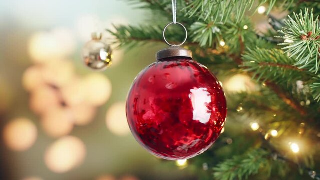 Christmas concept decorates with red glass ball on branch tree on background bokeh of side flickering light bulbs garlands for family holiday Happy New Year. Festival mood. Positive emotion. Noel