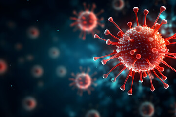 Red spiked viruses stand out against blue bokeh particles background