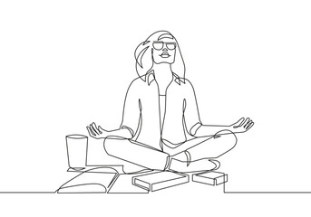 Continuous One Line Drawing of Businesswoman in Yoga Pose Lotus. Woman Relax in Office One Line Illustration. Meditation Concept Abstract Minimalist Contour Drawing. Vector EPS 10 