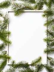 A white square frame surrounded by pine branches