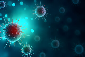 A central red virus particle shines brightly against a turquoise and dark blue bokeh backdrop