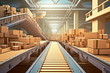 picture of conveyor belt in a distribution warehouse with row of cardboard box packages for e-commerce delivery and automated logistics concepts as wide banner with copysapce area
